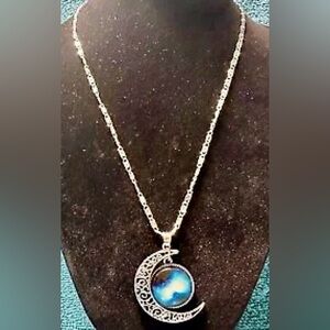 Crescent Moon Filigree Glass Cabochon Galaxy Universe Pendant Necklace